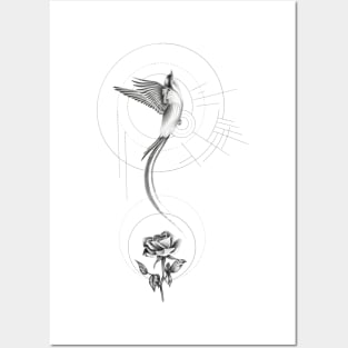 Beautiful Bird Flying with Rose and Geometrical Shapes Posters and Art